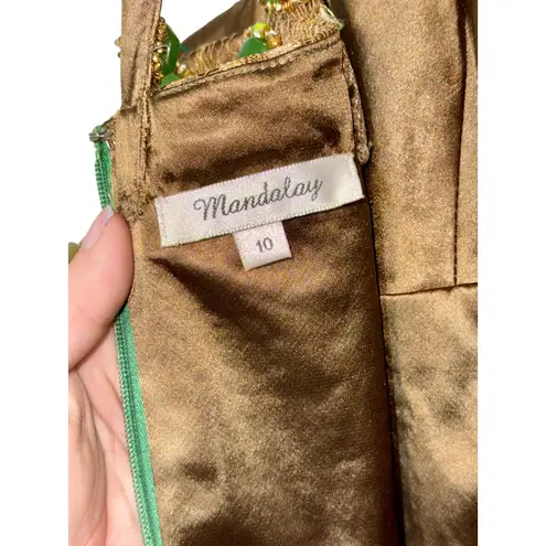 NWT Mandalay Dark Lime Green Gold Silk Beaded Maxi Evening Gown Dress Womens 10