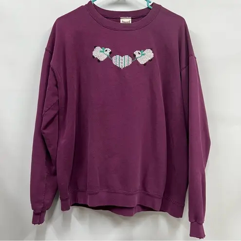 Women’s M Purple Sweater w/Heart sheep Design embroidery distressed comfy Size M