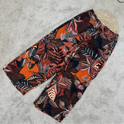 Cynthia Rowley  100% Linen Palazzo Tropical Leaf Print Brown Wide Leg Pants L