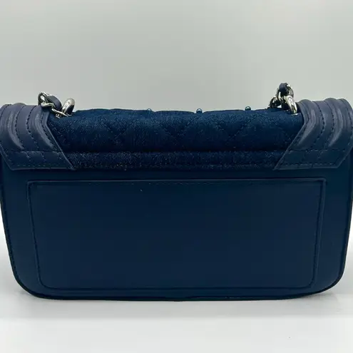 Badgley Mischka denim diamond quilted crossbody with faux pearls and a turn lock