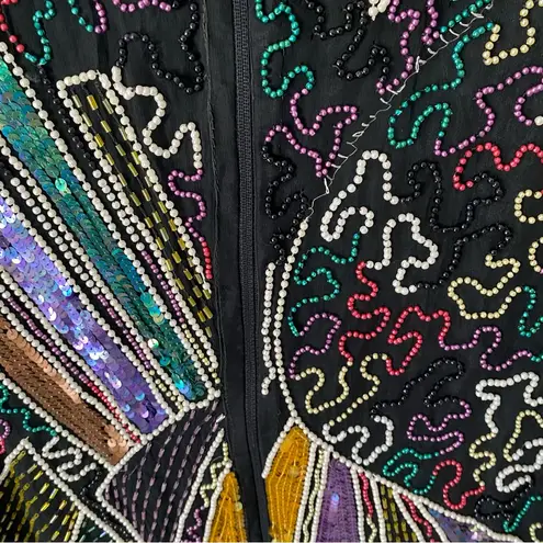 Vintage Anjumun California Sequin Beaded Fringe Dress Art Deco 80s Party stars Black Size M