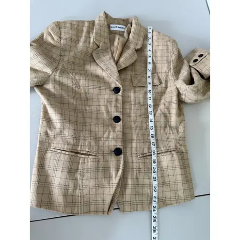 Women’s Vintage 90s Tan Windowpane Holiday Plaid Wool Blazer Suit Jacket Medium