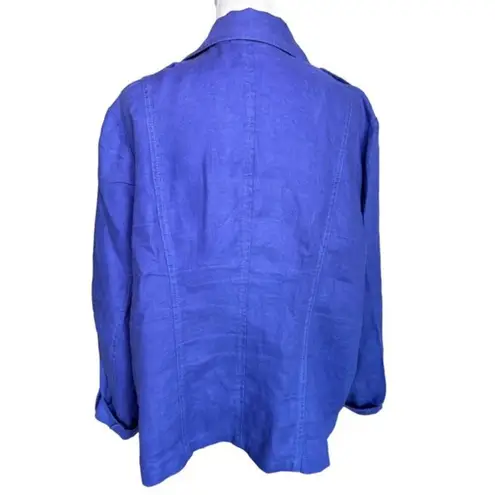 Chico's  Jacket Womens‎ 3 Royal Blue 100% Linen Open Front Zip Pockets Blazer