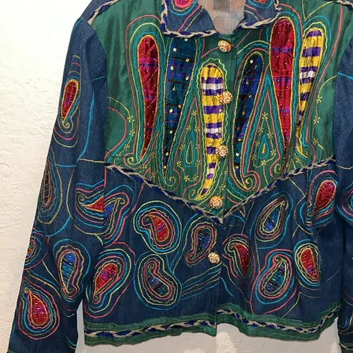 Vintage Wearable Art Colorful Embroidered Denim & Silk Jacket Abstract Art Size XL