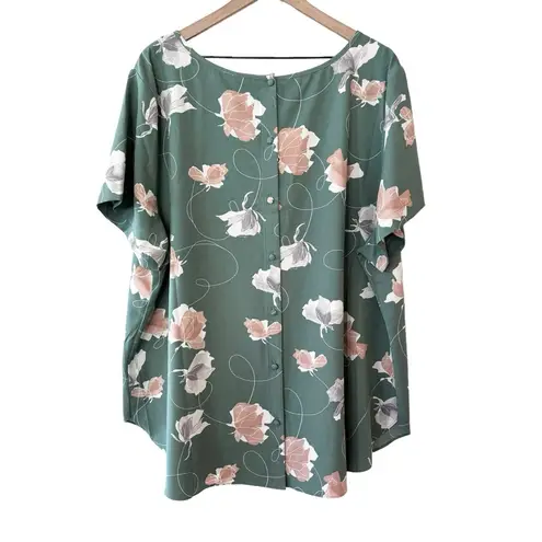 Ava & Viv Women’s New  green floral button back blouse top