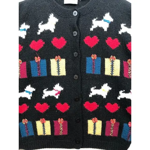 Vintage Scottie Dog Cardigan Sweater 100% Wool Preview Basics Y2K Women's L Black Size L