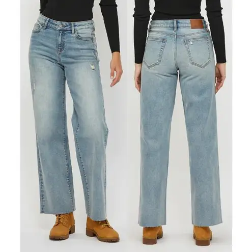 Hidden Medium Vintage Wash High Rise Raw Hem Dad Jeans Blue Women's Rise 26