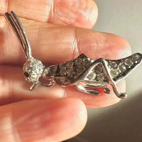 silver tone vintage rhinestone grasshopper brooch