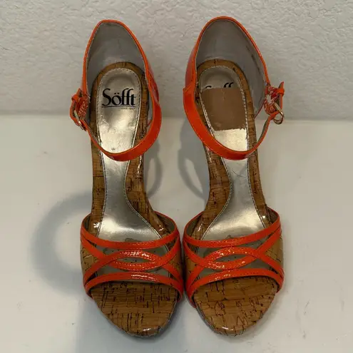 Sofft Valeda Patent Orange Patent & Cork Strappy Platform High Heel Sandals 8.5