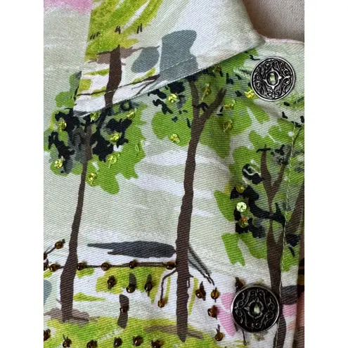 Keren Hart Jacket Women Medium Green Pink Floral Sequins Button Front Trucker