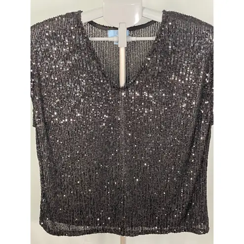 CeCe Black Sequins V Neck Cap Sleeve Sheer Mesh Top Blouse Women Size L