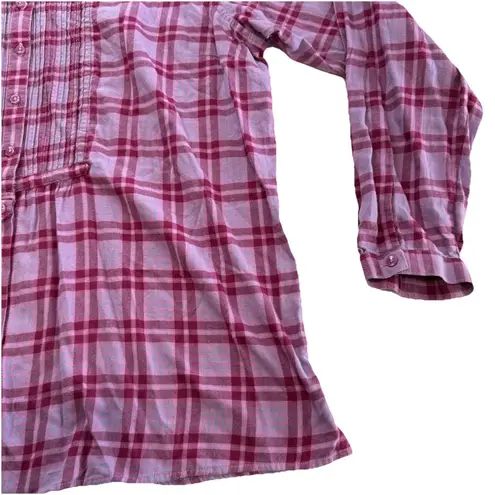 LL Bean Pink Plaid Flannel Pleated Button Up Long Sleeve Top Size XL