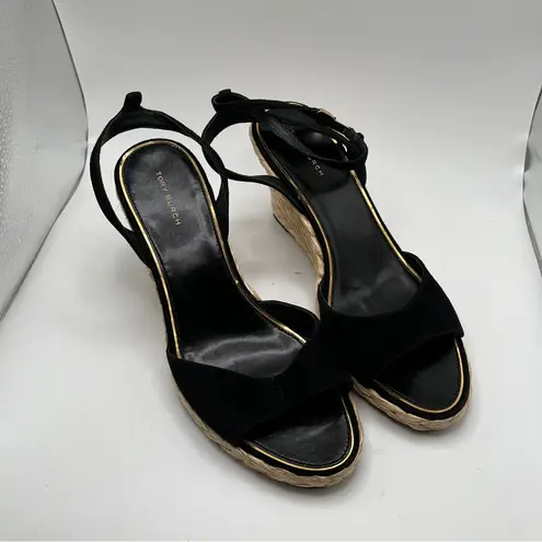 Tory Burch NWOB  RAFFIA WEDGE SANDAL Color Perfect Black size 8M - Image 11