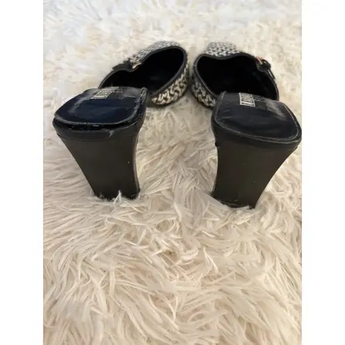 Leslie Fay Black and White Woven Mules Heels Square Toe Retro 9