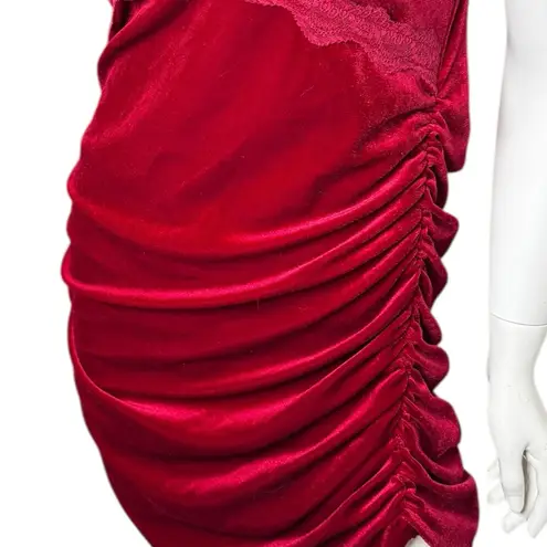 Cider Jessica Rabbit Red velvet Mini slip Dress with Lace Trim ruched side XL