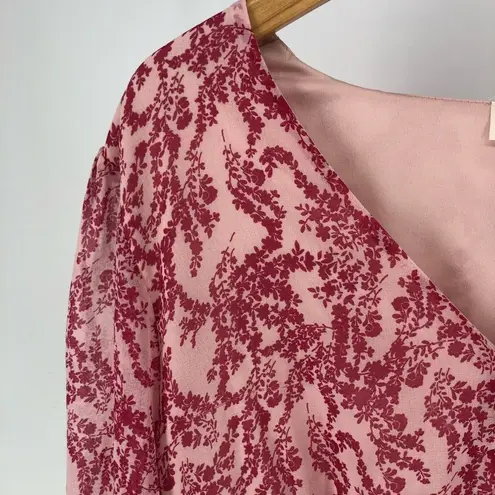 RD Style Pink Print Sheer Long Sleeve Smocked Waist Mini Dress size Large