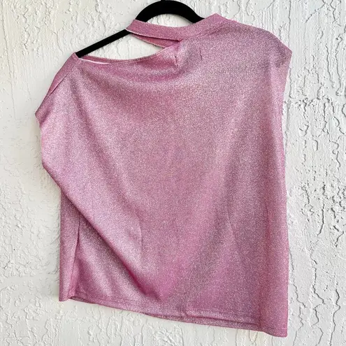 R+A Axel Glitter Cutout Asymmetrical Neck Blouse Top Disco Pink Women's Size M Size M