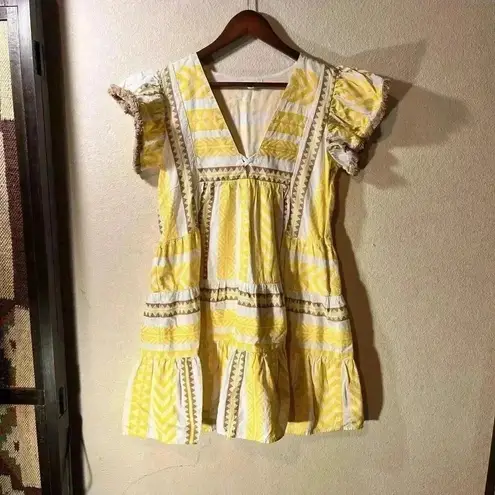 THML Flutter Sleeve Embroidered Vneck Dress Yellow Brown White Side Zip Size XS