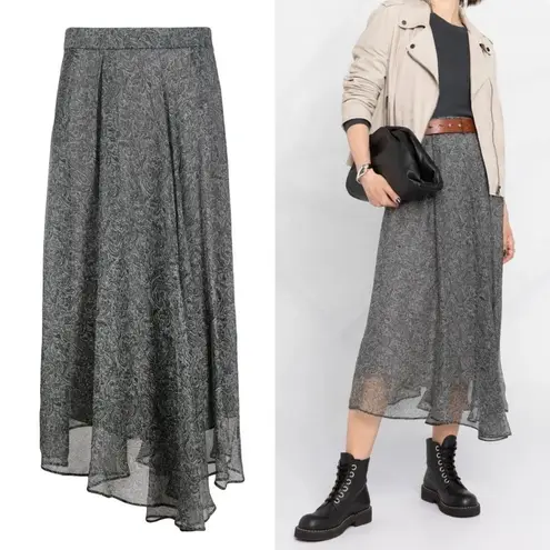 Brunello Cucinelli Paisley Print Silk Midi Skirt Grey Asymmetrical Chiffon