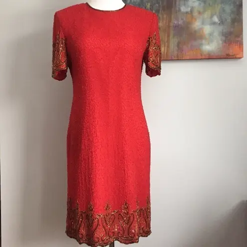Vintage Beaded cocktail Dress Knee Length Holiday Party red Size 8