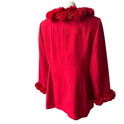 Milano Faux Fur Pom Pom and Satin Rosette Trim Button Down Jacket or Coat, Sz 16 Red