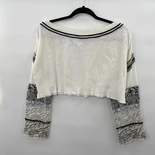 Free People  Sweater Cropped Long Sleeve White Black Wide Boat Neck Womens Small