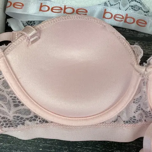 Bebe  SET of 2 Pink & White Lace Cup Contour Convertible Logo Band Bras 34B