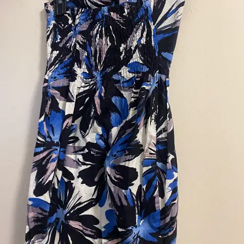 Fab Womens Juniors Strapless Tunic Blouse Top S Small Blue Floral Print Hawaiian