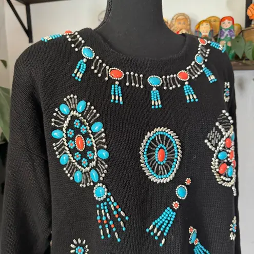 Vintage 90’s Victoria Jones Turquoise Jewelry Beaded Sweater Black Size L