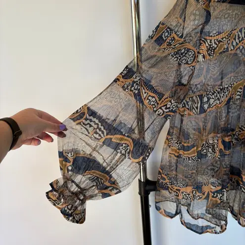 Y2K Sheer High Neck Abstract Fairy Top Ruffle Victorian Date Night Blouse Medium Blue