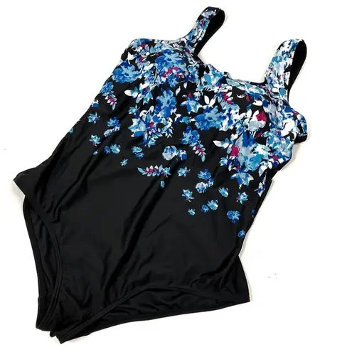 Swimsuits For All | Black One Piece Swimsuit Blue Floral Pattern 22 Size undefined