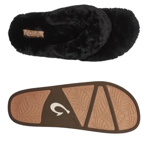 Olukai new ʊ Shearling Fur Outdoor Slipper Thong Sandals ʊ Black 9M ʊ in Box