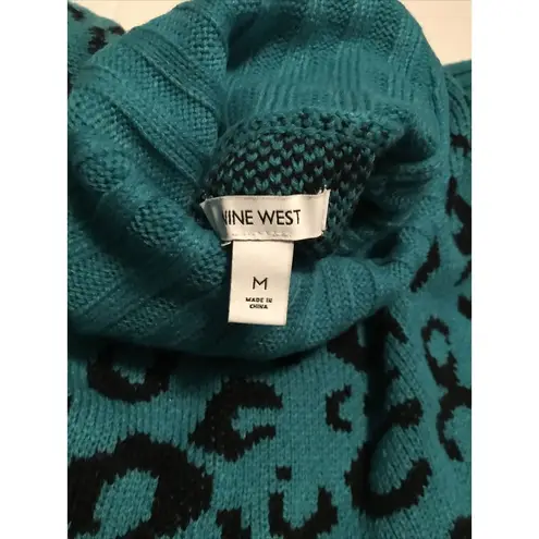 Nine West Sweater Women’s Sz M Teal Cheetah Ribbed Knit Turtleneck Pull Over New