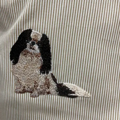 H&J Women's Embroidered Dog Striped Button Down Shirt Long Sleeve Sz XL Pug Pup