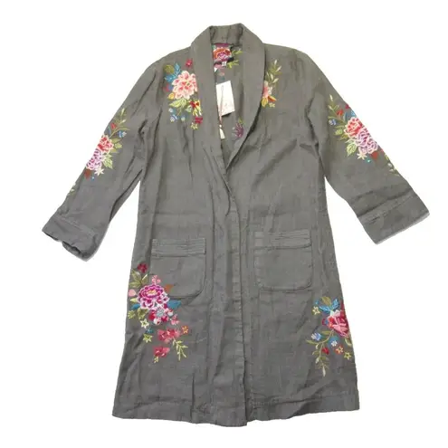 Johnny Was NWT Amara Heavy Linen Coat in Shale Floral Embroidered Open Jacket S