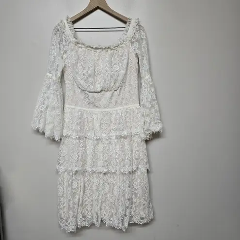 Tadashi Shoji Women Jacquin Off Shoulder Lace Tiered Bell Sleeve Dress Sz 12 NWT