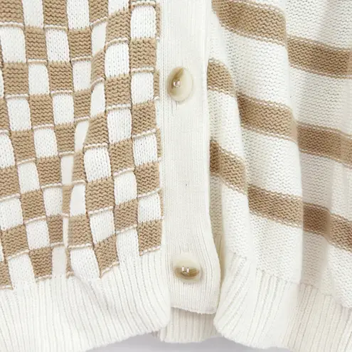 NEW Sincerely Jules Womens Fall Preppy Check Striped Crop Cardigan Sweater XL Tan