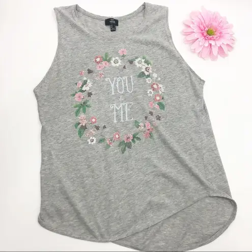 Mango MNG Grey/Floral Boho “You and Me" Graphic Tank Top