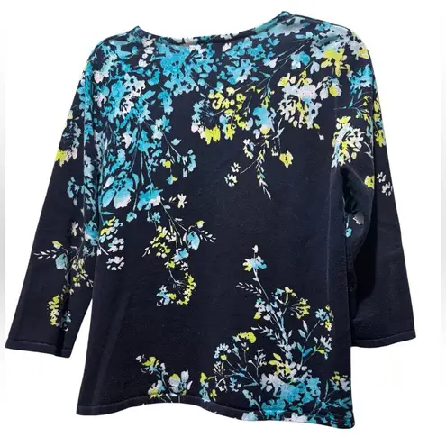 Alfred Dunner PL Floral 3/4 Sleeve Top Navy Cotton Knit Rhinestone Sparkle