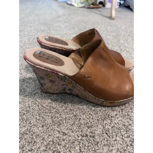 B.O.C. Born Concepts Brown Leather Floral Wedge Platform Slide Sandals Size 10