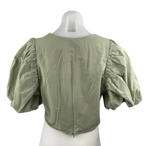 Endless Rose Women's Green Short Puff Sleeve Balloon V Neck Crop Blouse Top Sz L