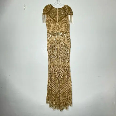 Mac Duggal 4715 Size 4 Embellished Fringe Cap Sleeve Trumpet Gown, Light Gold