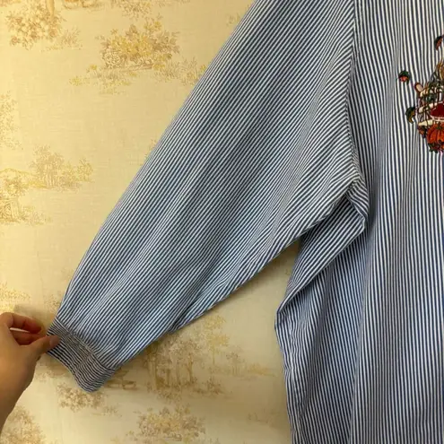 Vintage 90s blue striped denim fall pumpkin patch teddy bear button up shirt Size XXL