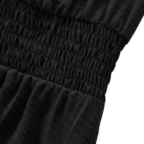 NEW Black Smocked Waist Button Front Long Puff Sleeve Midi Dress Size L