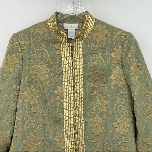 Soft Surroundings green gold floral brocade embellished evening blazer jacket S