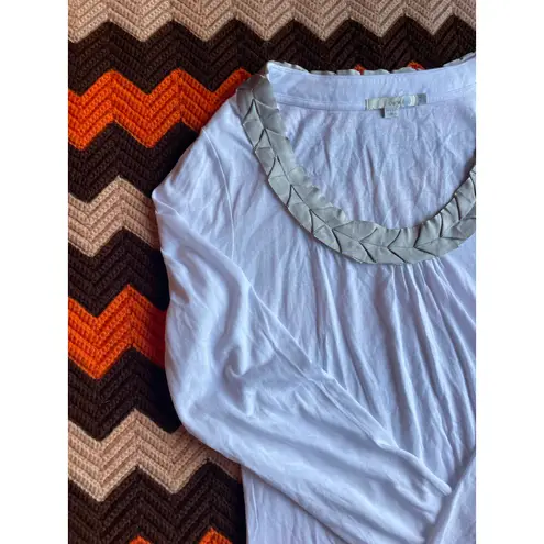 Boden White & Grey Pullover Cotton Jersey Top with Ruffle Scoop Neck sz 12