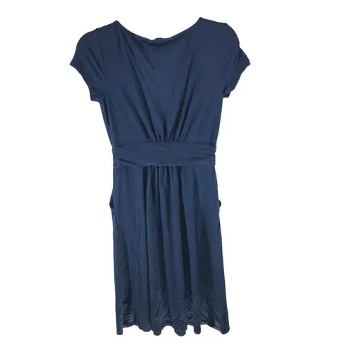 Quince Womens Tencel Jersey Ruched Waist Dress Short Sleeve Pockets Navy Blue S