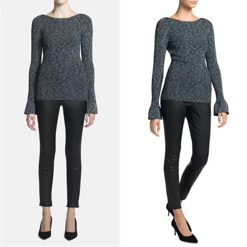 Theory  Cabled Print Ribbed Boatneck Sweater with Bell Sleeves - Image 2