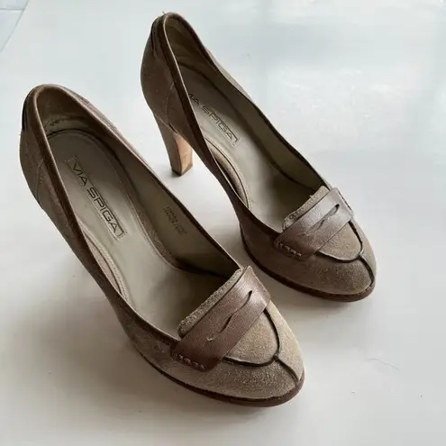 VIA SPIGA TAUPE SUEDE LEATHER HEELS PUMP WOMENS SIZE 6M WORK Tan