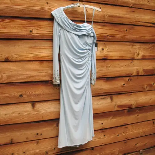 Mac Duggal 26485 Blue Foldover Long Sleeve Jeweled Midi Dress